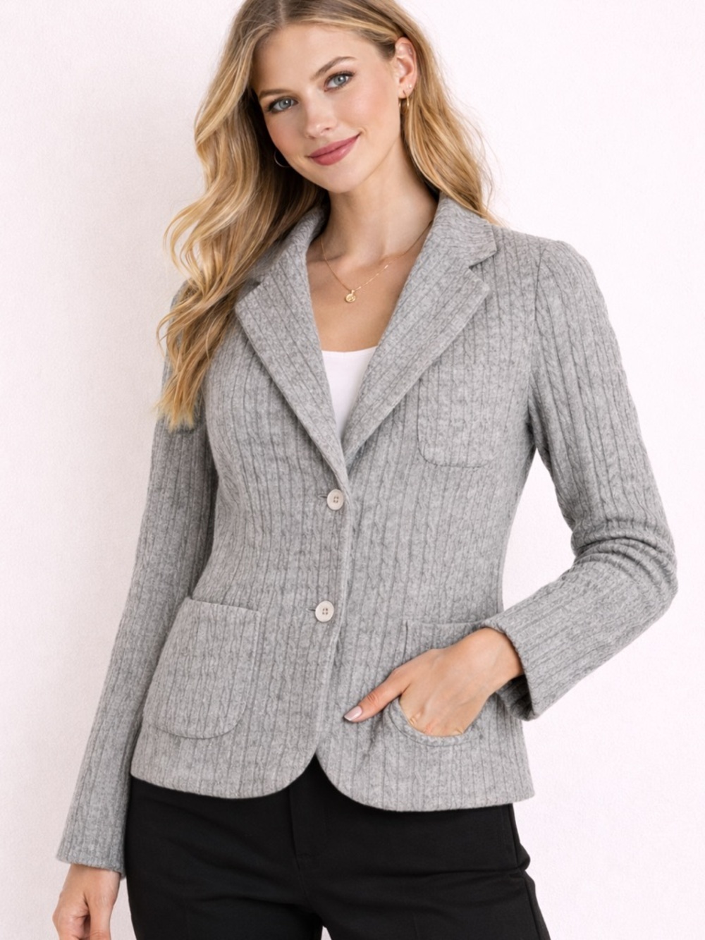 Cami‎ Gray Cable Knit Academia Preppy Blazer XL Soft Structured Casual Chic